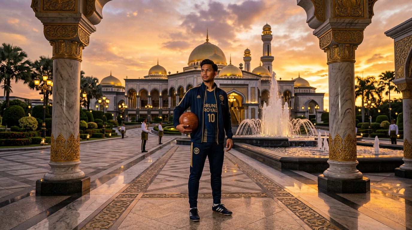 Jogador de futebol em palácio real representando Faiq Bolkiah e as fortunas dinásticas soberanas