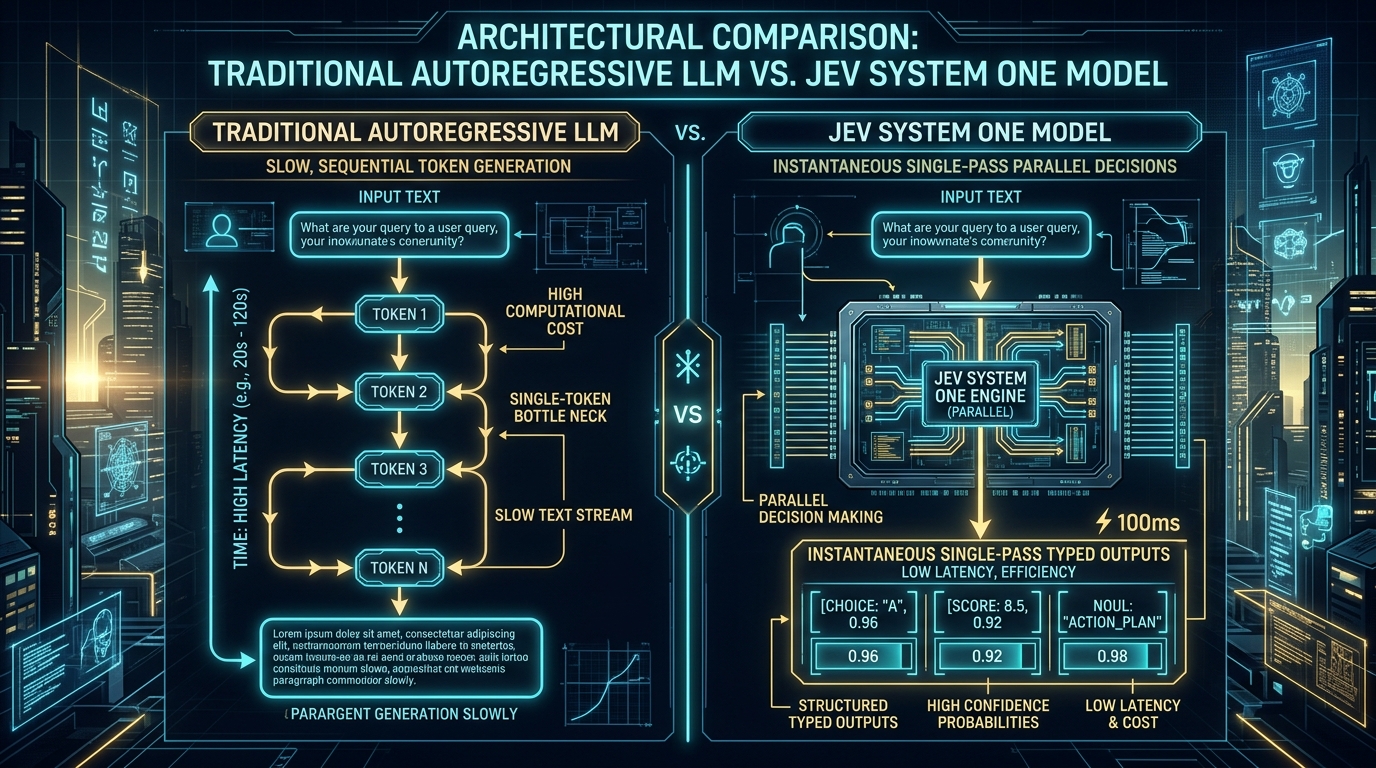 Comparação Arquitetural: LLM Autoregressivo Tradicional vs Modelo Jev System One