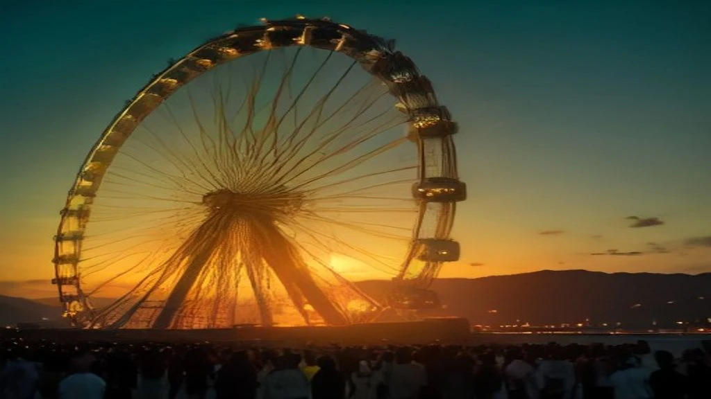 Pôr do sol na Cidade do Rock com a Roda-Gigante e gramados do Palco Sunset no Rock in Rio 2026